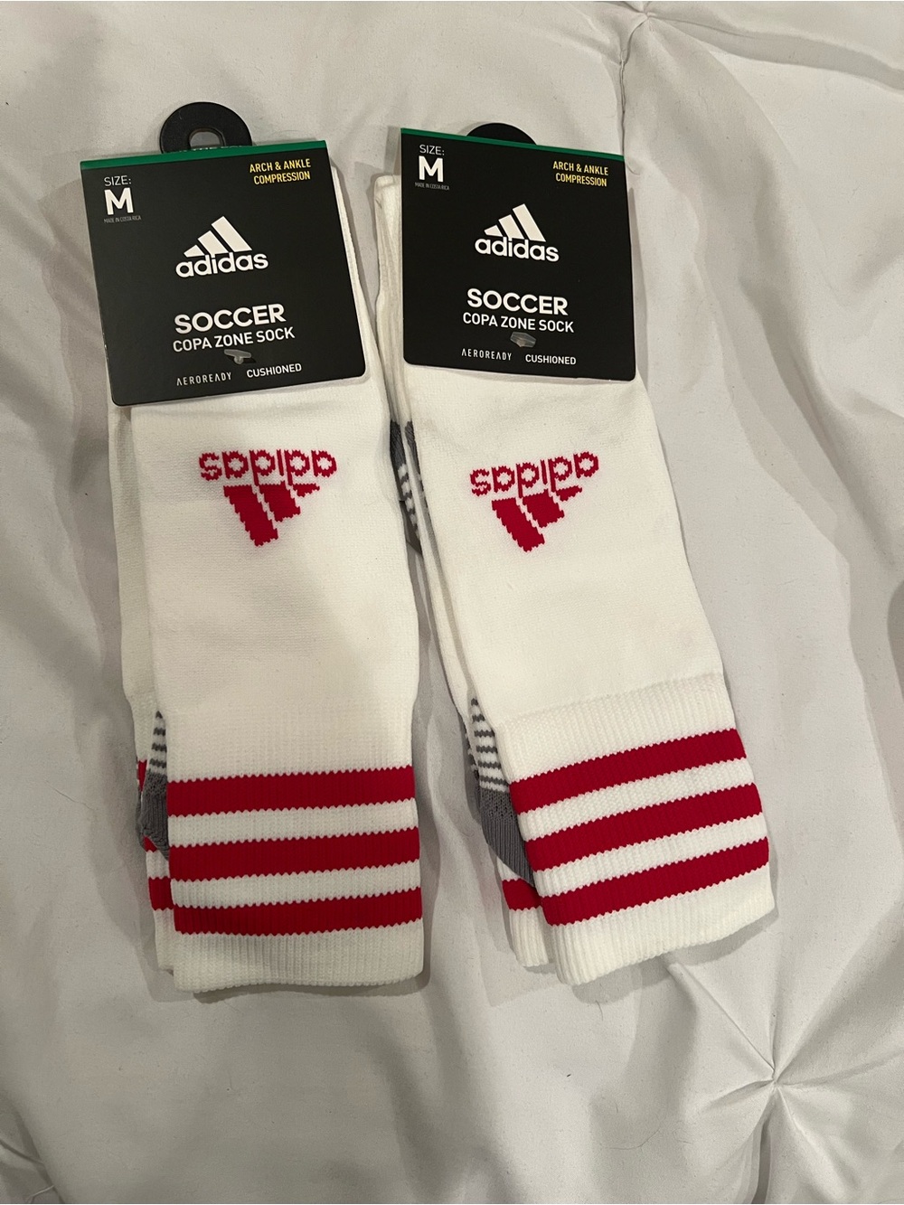 adidas White Soccer Copa Zone Socks with Red Stripes